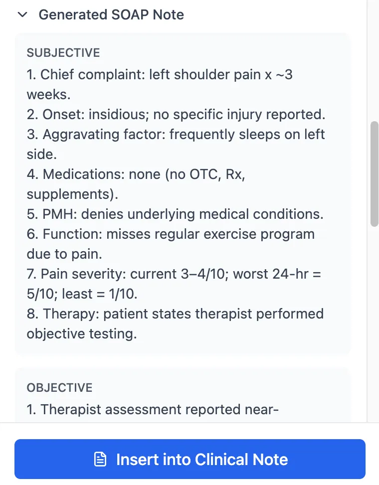 PrismEHR AI documentation interface showing clinical note generation
